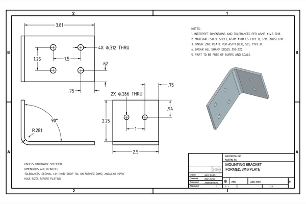 A released mechanical drawing of a formed steel mounting bracket: three projected views with an isometric, hole callouts, notes, tolerance block and title block.