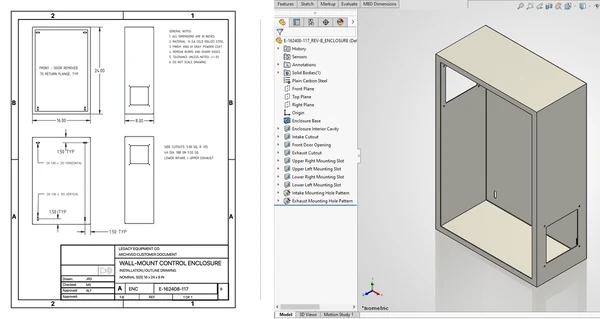 Left: the archived customer document — an outline drawing of a wall-mount control enclosure, E-162408-117 Rev B, with its dimensions, general notes and title block. Right: the same enclosure rebuilt as a native 3D CAD model. The feature tree is named after the source drawing and lists each reconstructed feature: the base, the interior cavity, the intake and exhaust cutouts, the door opening, the mounting slots and the hole patterns.
