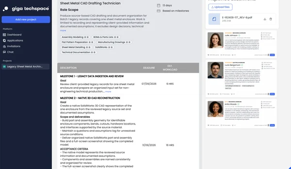 A CAD work package on the Giga Techspace platform: the role and its scope, required skills, and milestones with their deliverables and acceptance criteria. The customer's source file is attached, and matched specialists are listed alongside with their experience and delivery history.